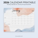 2026 Calendar Printable Download | Blue Brown Abstract Watercolor Background Calendar | Letter Size | Desk & Wall Planner preview 3