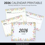2026 Calendar Printable Download | Colorful Flowers Watercolor Floral Calendar | Letter Size | Desk & Wall Planner preview 1