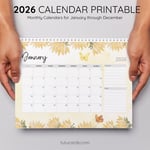 2026 Calendar Printable Download | Yellow Watercolor Flower Calendar | Letter Size | Desk & Wall Planner preview 4