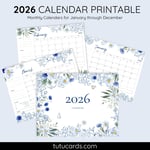 2026 Calendar Printable Download | Watercolor Floral Monthly Calendar | Letter Size | Desk & Wall Planner (Copy) preview 1