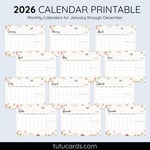 2026 Calendar Printable Download | Soft Watercolor Floral Butterflies Calendar | Letter Size | Desk & Wall Planner preview 2