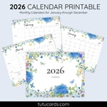 2026 Calendar Printable Download | Blue Watercolor Wild Flowers Butterflies | Floral Monthly Calendar | Letter Size | Desk & Wall Planner preview 1