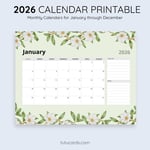 2026 Calendar Printable Download | Green and White Floral Watercolor Calendar | Letter Size | Desk & Wall Planner preview 3