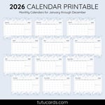 2026 Calendar Printable Download | Blue Botanical Line Art Floral Watercolor Calendar | Minimalist Nature Monthly Planner | Letter Size | Desk & Wall Decor preview 2