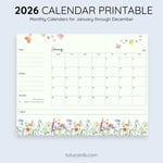 2026 Calendar Printable Download | Green and Blue Watercolor Brush Calendar | Letter Size | Desk & Wall Planner preview 3