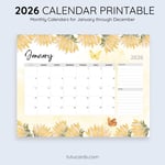 2026 Calendar Printable Download | Yellow Watercolor Flower Calendar | Letter Size | Desk & Wall Planner preview 3