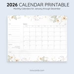 2026 Calendar Printable Download | Gray White Floral Watercolor Wildflowers Calendar | Letter Size | Desk & Wall Planner preview 3