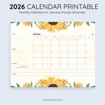 2026 Calendar Printable Download | Sunflower Monthly Calendar | Yellow Watercolor Floral Design | Letter Size | Desk & Wall Planner preview 3