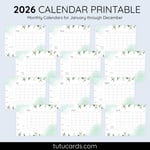 2026 Calendar Printable Download | White and Green Elegant Illustrated Leaves Calendar | Simple Monthly Planner | Letter Size | Desk & Wall Decor preview 2