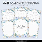 2026 Calendar Printable Download | Blue and White Floral Line Art Watercolor Vertical Calendar | To-Do List & Notes Pages Included | Letter Size | Minimal Planner preview 1