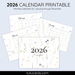 2026 Calendar Printable Download | Neutral Watercolor Wildflowers Floral Calendar | Letter Size | Desk & Wall Planner preview 1