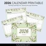 2026 Calendar Printable Download | Green and White Floral Watercolor Calendar | Letter Size | Desk & Wall Planner preview 1