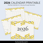 2026 Calendar Printable Download | Yellow and Brown Vintage Sunflower Floral Calendar | Letter Size | Desk & Wall Planner preview 1