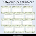 2026 Calendar Printable Download | Green and White Floral Watercolor Calendar | Letter Size | Desk & Wall Planner preview 2