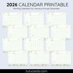 2026 Calendar Printable Download | Green and Blue Watercolor Brush Calendar | Letter Size | Desk & Wall Planner preview 2