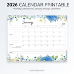 2026 Calendar Printable Download | Blue Watercolor Wild Flowers Butterflies | Floral Monthly Calendar | Letter Size | Desk & Wall Planner preview 3