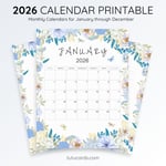 2026 Calendar Printable Download | Blue and White Floral Line Art Watercolor Vertical Calendar | To-Do List & Notes Pages Included | Letter Size | Minimal Planner preview 3