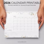 2026 Calendar Printable Download | Gray White Floral Watercolor Wildflowers Calendar | Letter Size | Desk & Wall Planner preview 4