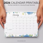 2026 Calendar Printable Download | Blue Watercolor Wild Flowers Butterflies | Floral Monthly Calendar | Letter Size | Desk & Wall Planner preview 4