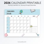 2026 Calendar Printable Download | Pink and Yellow Cute Illustrative Monthly Calendar | Stationery Theme | Letter Size | Desk & Wall Planner preview 3