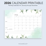 2026 Calendar Printable Download | White and Green Elegant Illustrated Leaves Calendar | Simple Monthly Planner | Letter Size | Desk & Wall Decor preview 3