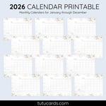 2026 Calendar Printable Download | Gray White Floral Watercolor Wildflowers Calendar | Letter Size | Desk & Wall Planner preview 2
