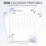 2026 Calendar Printable Download | Soft Blue Wildflower Watercolor Vertical Calendar | To-Do List & Notes Pages Included | Letter Size | Minimal Botanical Planner preview 3