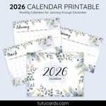 2026 Calendar Printable Download | Blue and White Watercolor Botanical Calendar | Elegant Nature Monthly Planner | Letter Size | Desk & Wall Decor preview 1