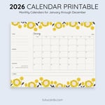 2026 Calendar Printable Download | Yellow and Brown Vintage Sunflower Floral Calendar | Letter Size | Desk & Wall Planner preview 3