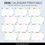 2026 Calendar Printable Download | Cute Hand-Drawn Flowers and Birds Watercolor Calendar | Letter Size | Desk & Wall Planner preview 2