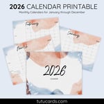 2026 Calendar Printable Download | Blue Brown Abstract Watercolor Background Calendar | Letter Size | Desk & Wall Planner preview 1