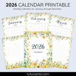 2026 Calendar Printable Download | Yellow Wildflower & Daisy Watercolor Vertical Calendar | To-Do List & Notes Pages Included | Letter Size | Rustic Floral Planner preview 1