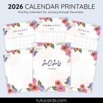 2026 Calendar Printable Download | Cute Pink and Purple Floral Watercolor Vertical Calendar | To-Do List & Notes Pages Included | Letter Size | Aesthetic Planner preview 1