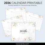 2026 Calendar Printable Download | Gray White Floral Watercolor Wildflowers Calendar | Letter Size | Desk & Wall Planner preview 1