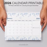 2026 Calendar Printable Download | Blue Botanical Line Art Floral Watercolor Calendar | Minimalist Nature Monthly Planner | Letter Size | Desk & Wall Decor preview 4