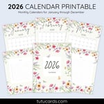 2026 Calendar Printable Download | Soft Pastel Botanical Flowers & Butterflies Watercolor Vertical Calendar | To-Do List & Notes Pages Included | Letter Size | Aesthetic Planner preview 1