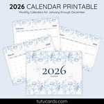 2026 Calendar Printable Download | Blue Botanical Line Art Floral Watercolor Calendar | Minimalist Nature Monthly Planner | Letter Size | Desk & Wall Decor preview 1
