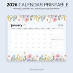 2026 Calendar Printable Download | Colorful Flowers Watercolor Floral Calendar | Letter Size | Desk & Wall Planner preview 3