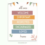 All Are Welcome, Important, Respected, Encouraged & Loved Here — Boho Minimalist Inclusive Classroom Posters, Neutral Handwritten Wall Art for Kids & Home preview 2