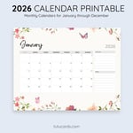 2026 Calendar Printable Download | Soft Watercolor Floral Butterflies Calendar | Letter Size | Desk & Wall Planner preview 3