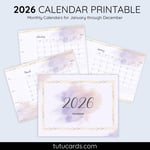 2026 Calendar Printable Download | Purple and Gold Aesthetic Watercolor Calendar | Letter Size | Desk & Wall Planner preview 1