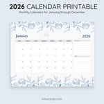 2026 Calendar Printable Download | Blue Botanical Line Art Floral Watercolor Calendar | Minimalist Nature Monthly Planner | Letter Size | Desk & Wall Decor preview 3