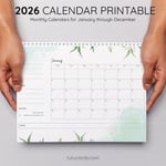 2026 Calendar Printable Download | White and Green Elegant Illustrated Leaves Calendar | Simple Monthly Planner | Letter Size | Desk & Wall Decor preview 4