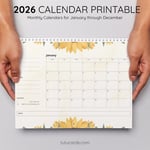 2026 Calendar Printable Download | Sunflower Monthly Calendar | Yellow Watercolor Floral Design | Letter Size | Desk & Wall Planner preview 4