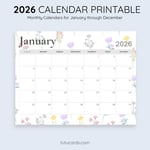 2026 Calendar Printable Download | Soft Pink and Purple Floral Watercolor Calendar | Pastel Flower Monthly Planner | Letter Size | Desk & Wall Decor preview 3