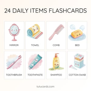 24 Cute Colorful Daily Items Flashcards | Printable Cards | 3.5x5 inch | Kids Learning & Classroom Decor - flashcards