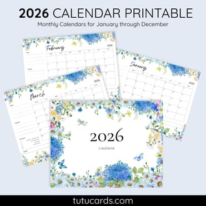 2026 Calendar Printable Download | Blue Watercolor Wild Flowers Butterflies | Floral Monthly Calendar | Letter Size | Desk & Wall Planner - calendars