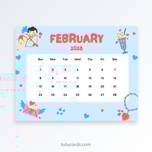 Cupid’s Blue Valentine – February 2026 Calendar | Light Blue Hearts & Love Theme - calendars