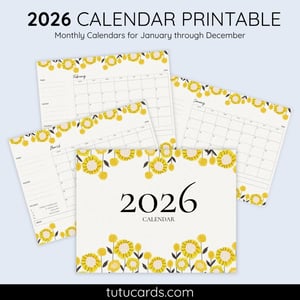 2026 Calendar Printable Download | Yellow and Brown Vintage Sunflower Floral Calendar | Letter Size | Desk & Wall Planner - calendars