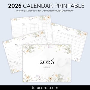 2026 Calendar Printable Download | Gray White Floral Watercolor Wildflowers Calendar | Letter Size | Desk & Wall Planner - calendars